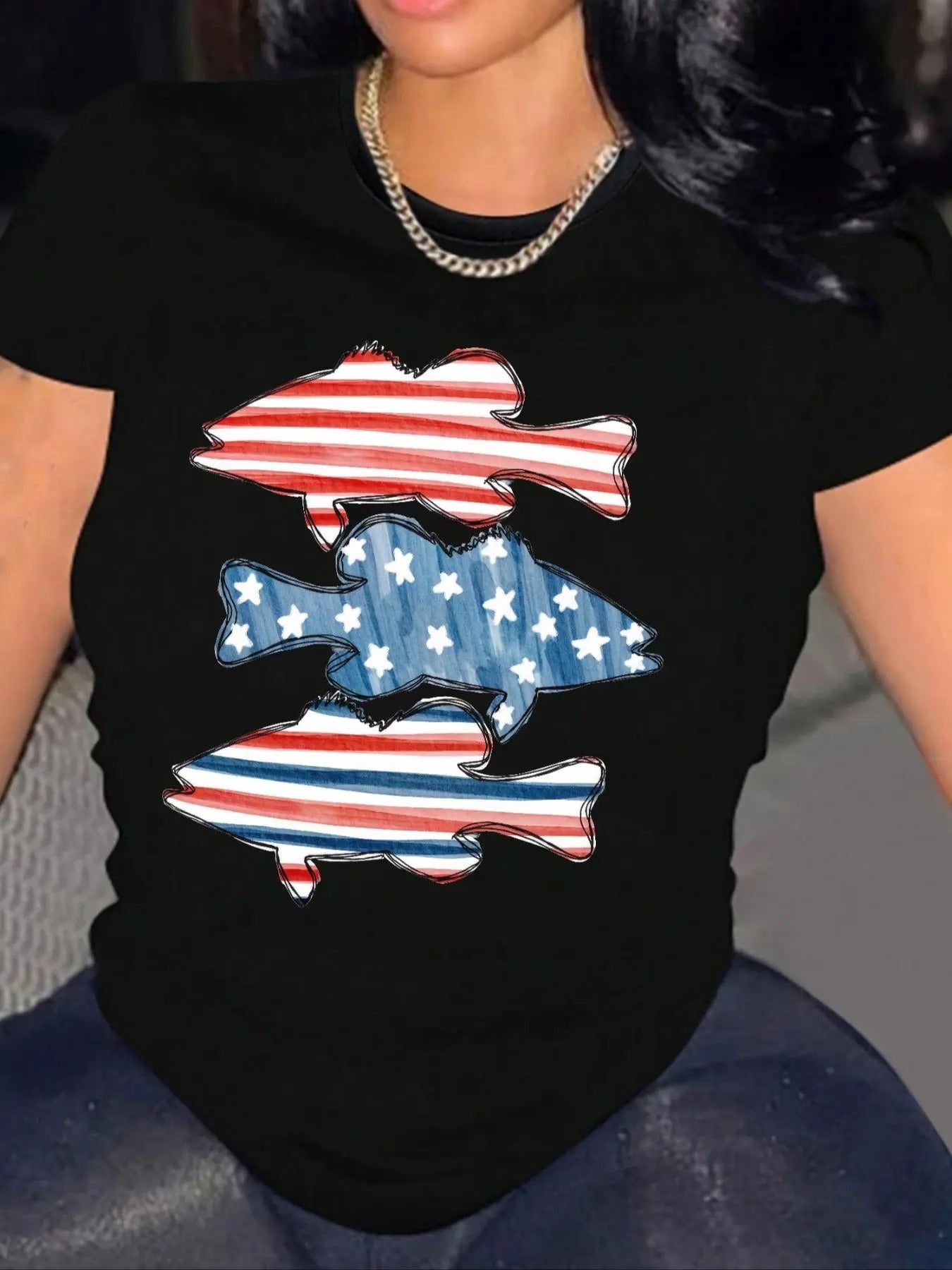American Flag Fish Print Round Neck Casual Short - Adult & Kids T-Shirts, Sweatshirts & Hoodies apparel design preview 1