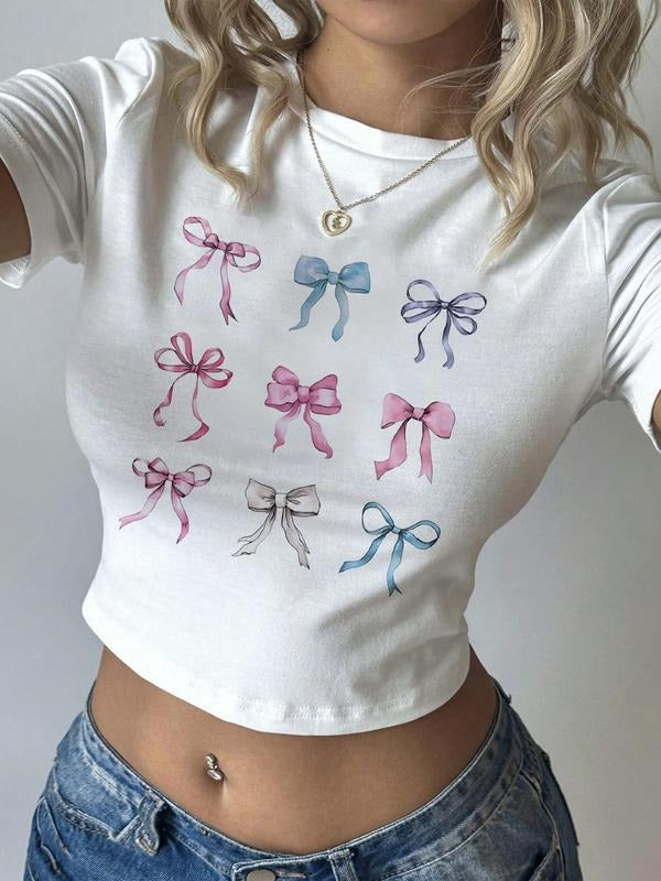 Bow Print Round Neck Crop Casual Short Sleeve Crew - Adult & Kids T-Shirts, Sweatshirts & Hoodies apparel design preview 1