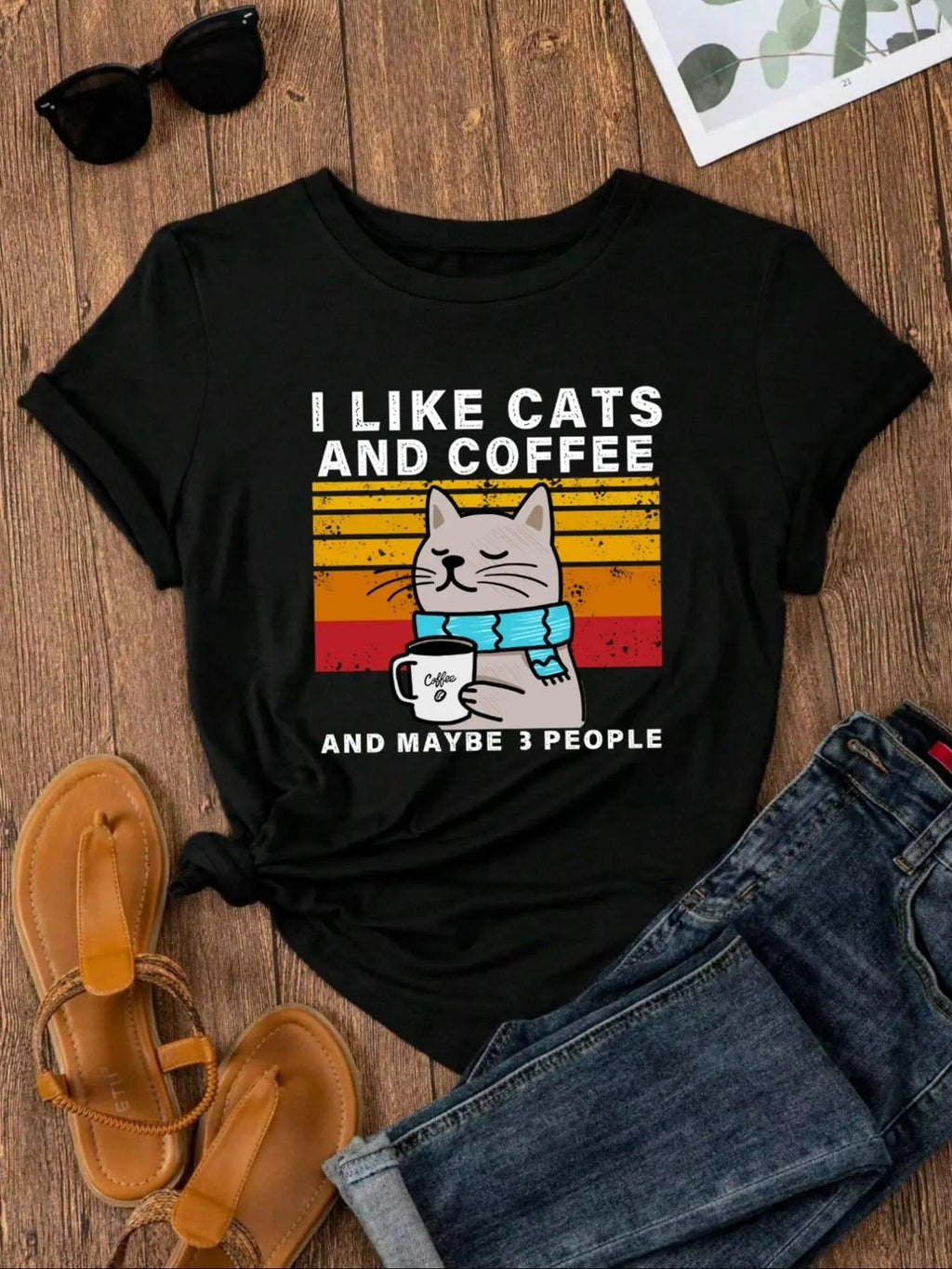 Cartoon Cat "I LIKE COFFEE" Letter Print Round Neck - Adult & Kids T-Shirts, Sweatshirts & Hoodies apparel design preview 1