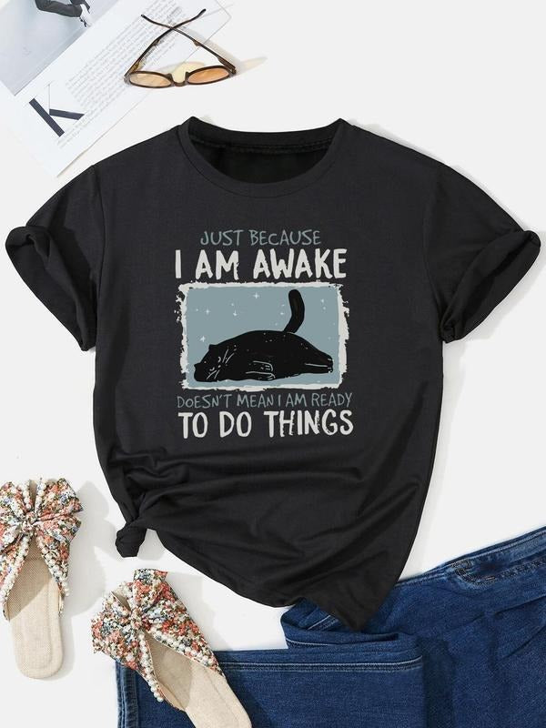 Cartoon Cat Letter Print Round Neck Casual Short - Adult & Kids T-Shirts, Sweatshirts & Hoodies apparel design preview 1