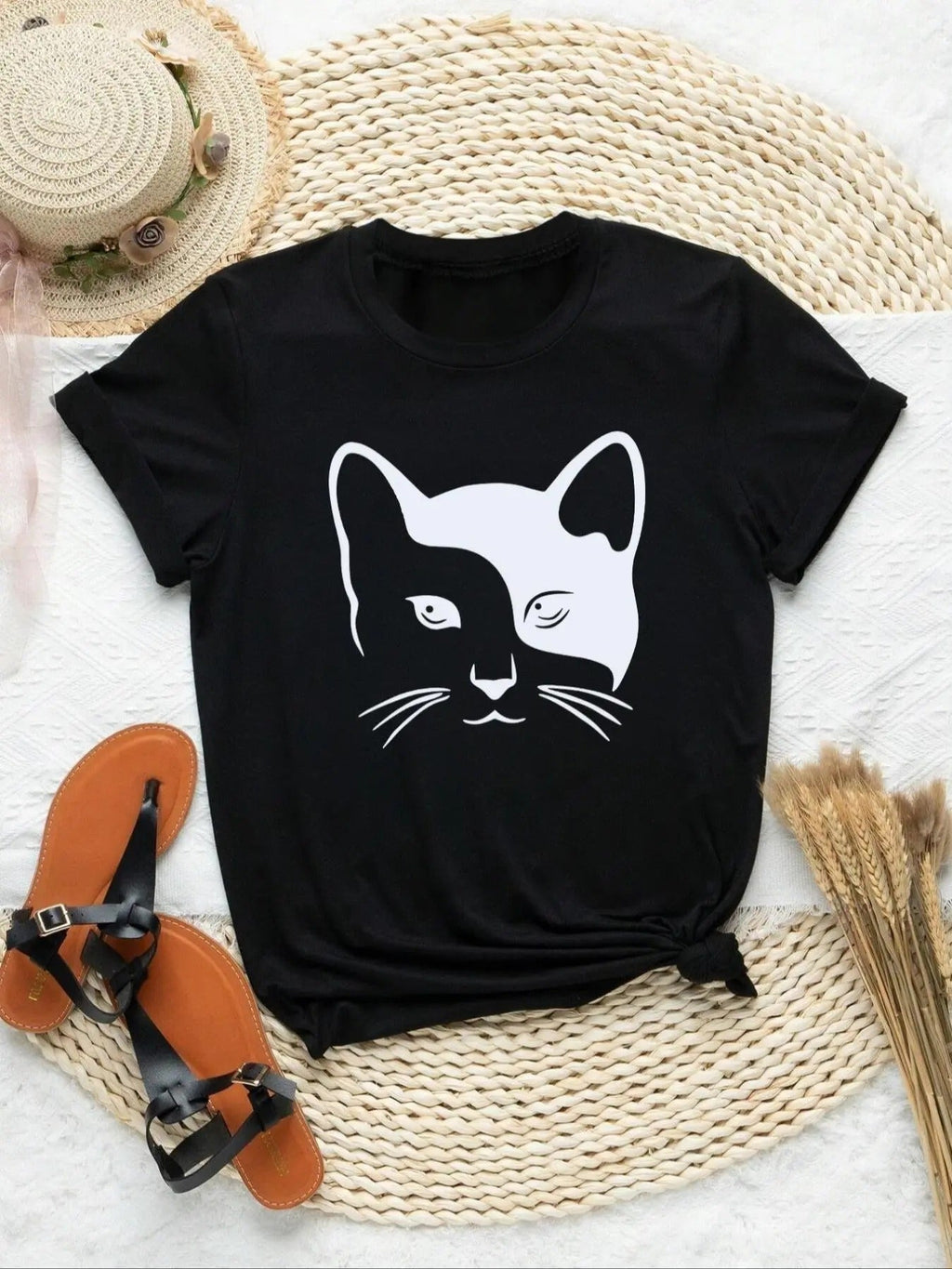 Cartoon Cat Print Round Neck Casual Short Sleeve - Adult & Kids T-Shirts, Sweatshirts & Hoodies apparel design preview 1