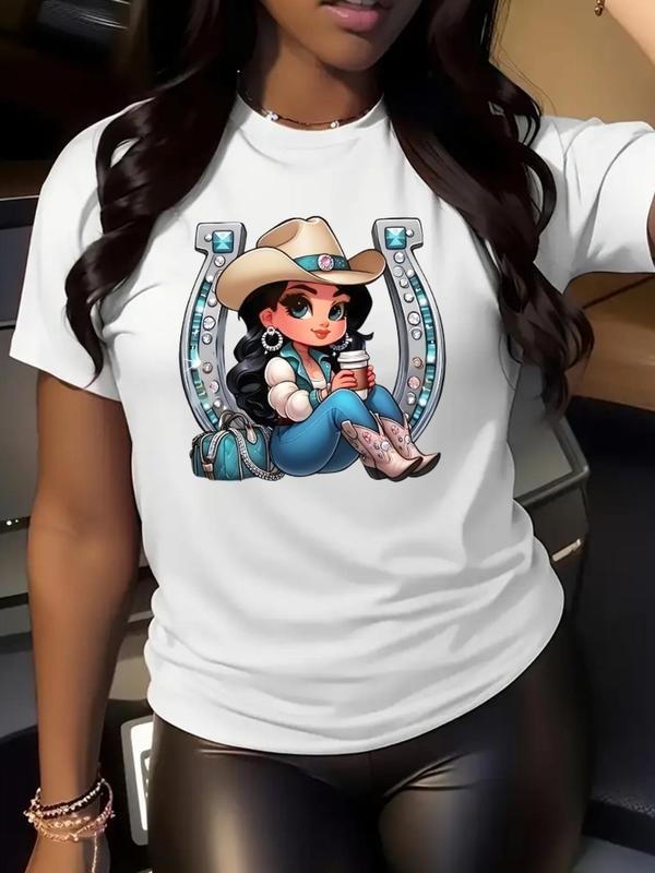 Cartoon Cowgirl Print Round Neck Casual Crew Short - Adult & Kids T-Shirts, Sweatshirts & Hoodies apparel design preview 1