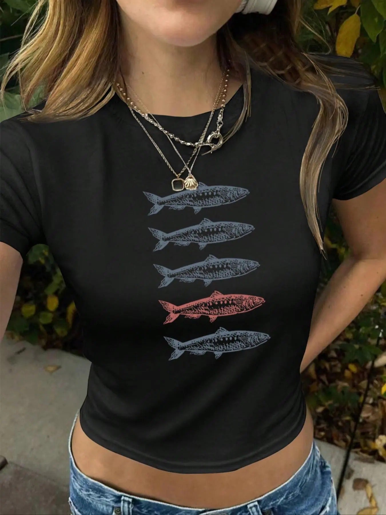 Cartoon Fish Print Round Neck Crop Casual Slim - Adult & Kids T-Shirts, Sweatshirts & Hoodies apparel design preview 1