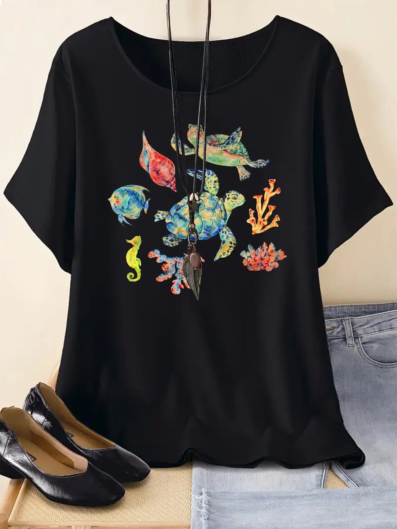 Cartoon Fish Print Round Neck Vintage Casual Short - Adult & Kids T-Shirts, Sweatshirts & Hoodies apparel design preview 1