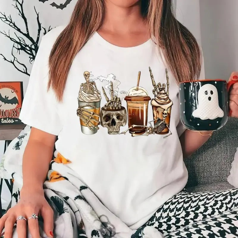 Cartoon Skull Milk Tea Print Round Neck Casual Short - Adult & Kids T-Shirts, Sweatshirts & Hoodies apparel design preview 1