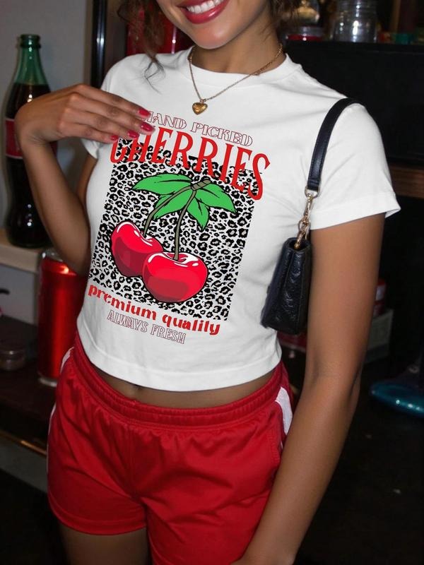 Cherry Print Round Neck Crop Casual Short Sleeve Crew - Adult & Kids T-Shirts, Sweatshirts & Hoodies apparel design preview 1
