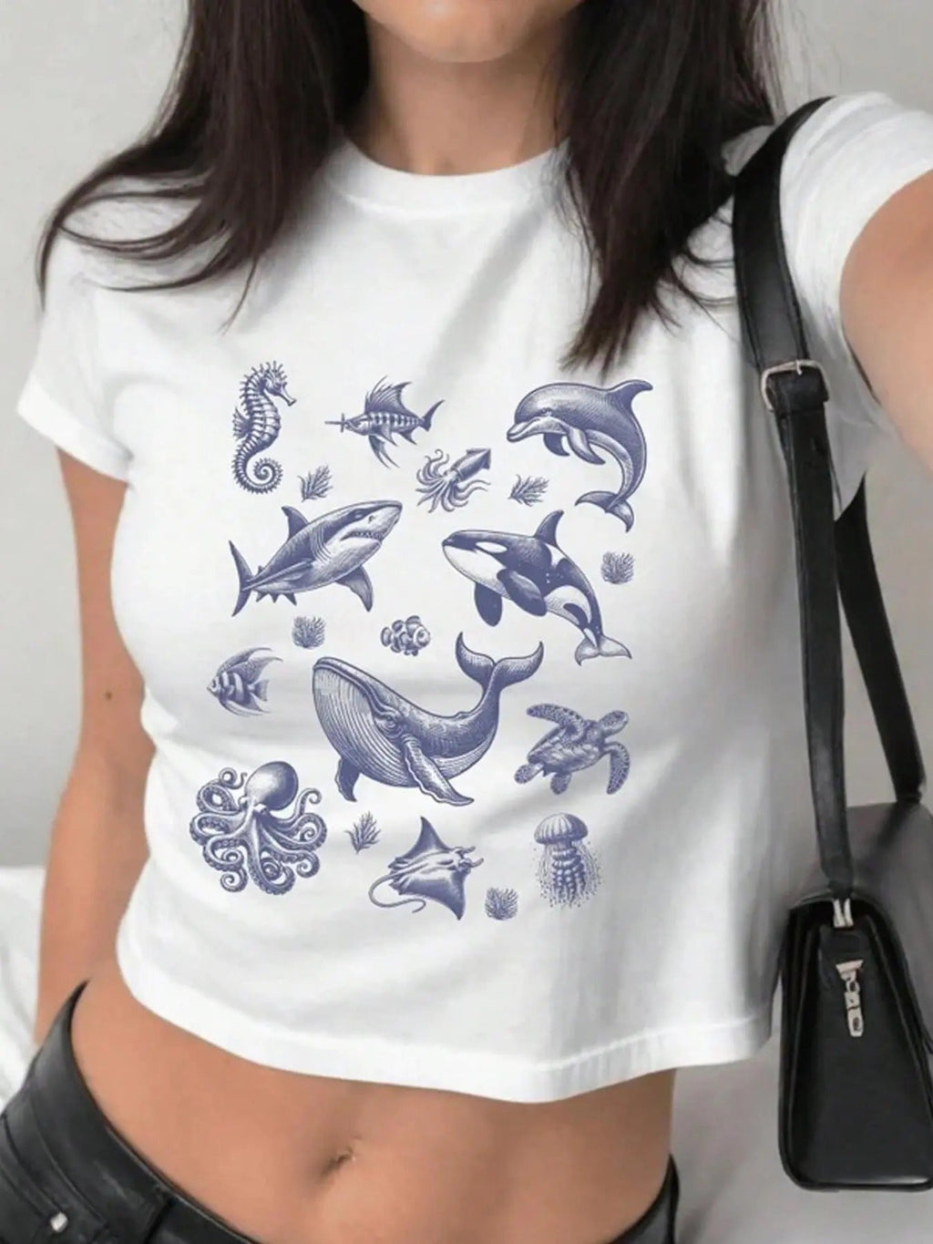 Dolphin Print Round Neck Crop Casual Marine Life - Adult & Kids T-Shirts, Sweatshirts & Hoodies apparel design preview 1