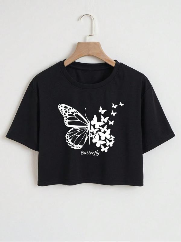 Essnce Butterfly Print Round Neck Crop Casual Short - Adult & Kids T-Shirts, Sweatshirts & Hoodies apparel design preview 1