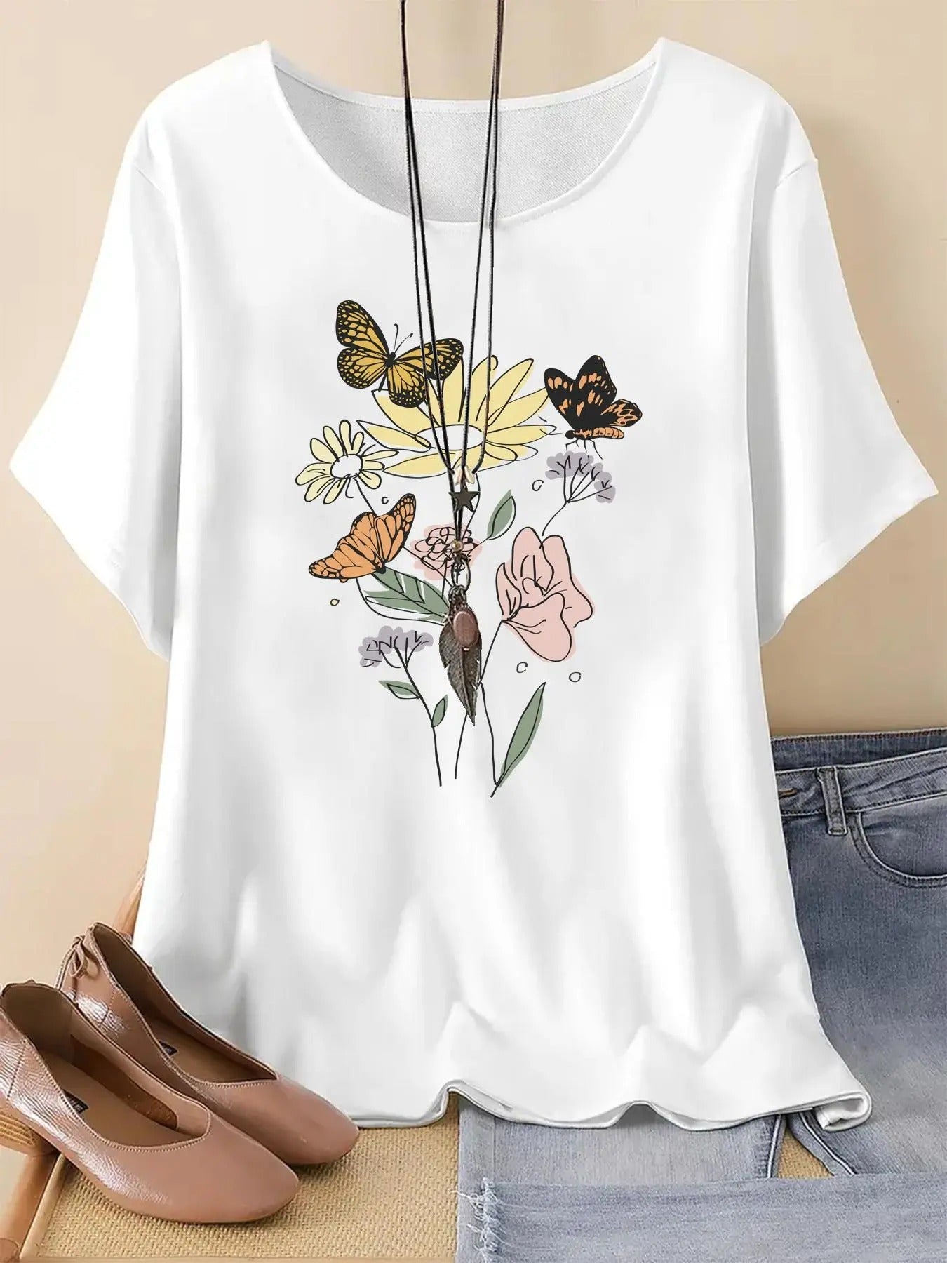 Floral Butterfly Print Round Neck Vintage Casual Drop - Adult & Kids T-Shirts, Sweatshirts & Hoodies apparel design preview 1