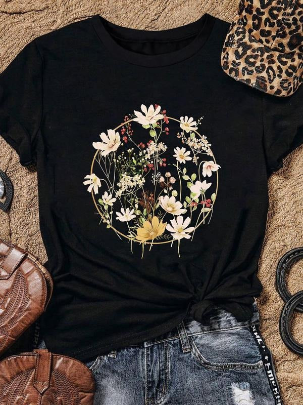 Floral Print Round Neck Casual Short Sleeve Summer - Adult & Kids T-Shirts, Sweatshirts & Hoodies apparel design preview 1