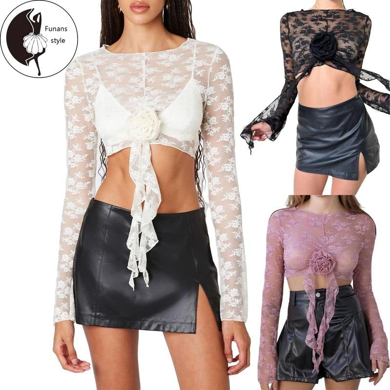 Lace Crop TopsSee Through 3D Rose Flower Embroidery - Adult & Kids T-Shirts, Sweatshirts & Hoodies apparel design preview 1