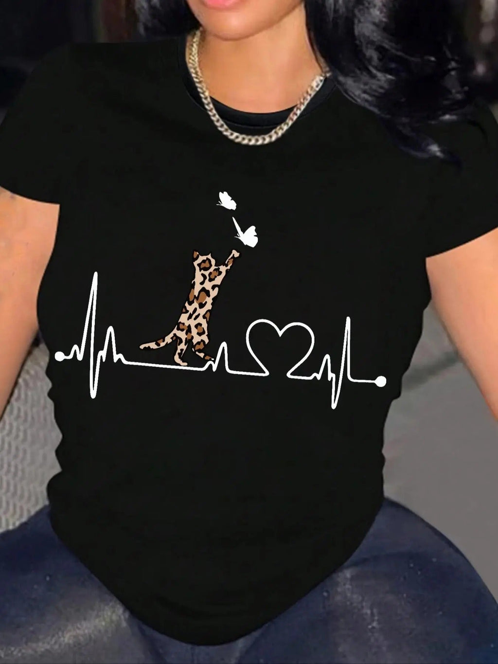 Leopard Heartbeat Print Round Neck Casual Short - Adult & Kids T-Shirts, Sweatshirts & Hoodies apparel design preview 1