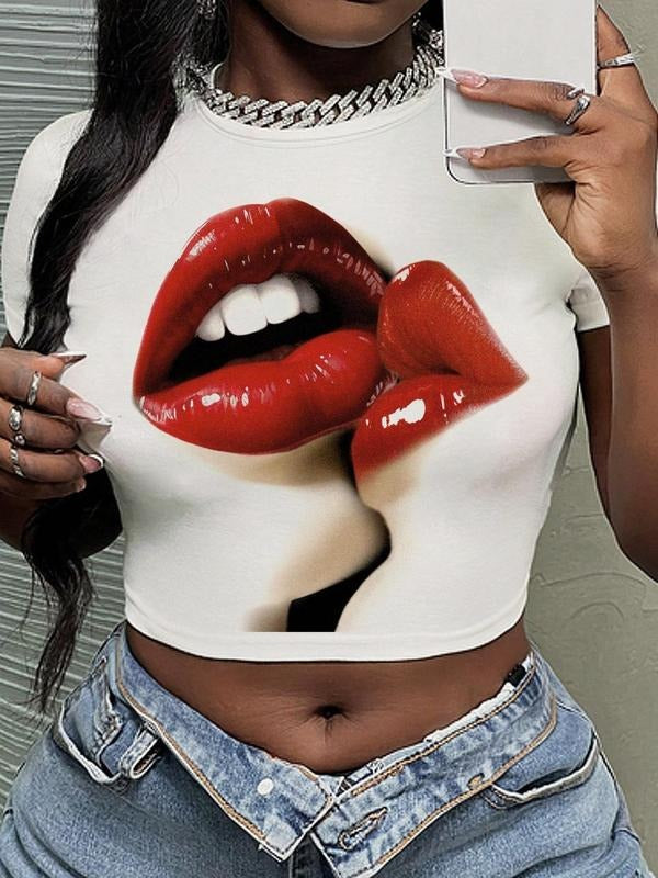 Lip Print Round Neck Crop Casual Crew Daily Vacation - Adult & Kids T-Shirts, Sweatshirts & Hoodies apparel design preview 1