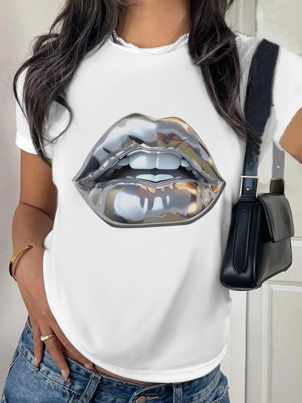 Lip Print Round Neck Casual Crew Daily Vacation - Adult & Kids T-Shirts, Sweatshirts & Hoodies apparel design preview 1