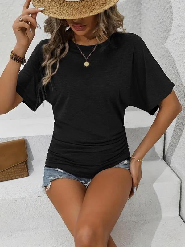 Plain Ruched Batwing Sleeve Casual Short Round Neck - Adult & Kids T-Shirts, Sweatshirts & Hoodies apparel design preview 1