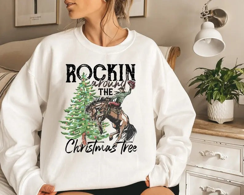 Rocking Around Tree Retro Thanksgiving Western Cowboy - Adult & Kids T-Shirts, Sweatshirts & Hoodies apparel design preview 1