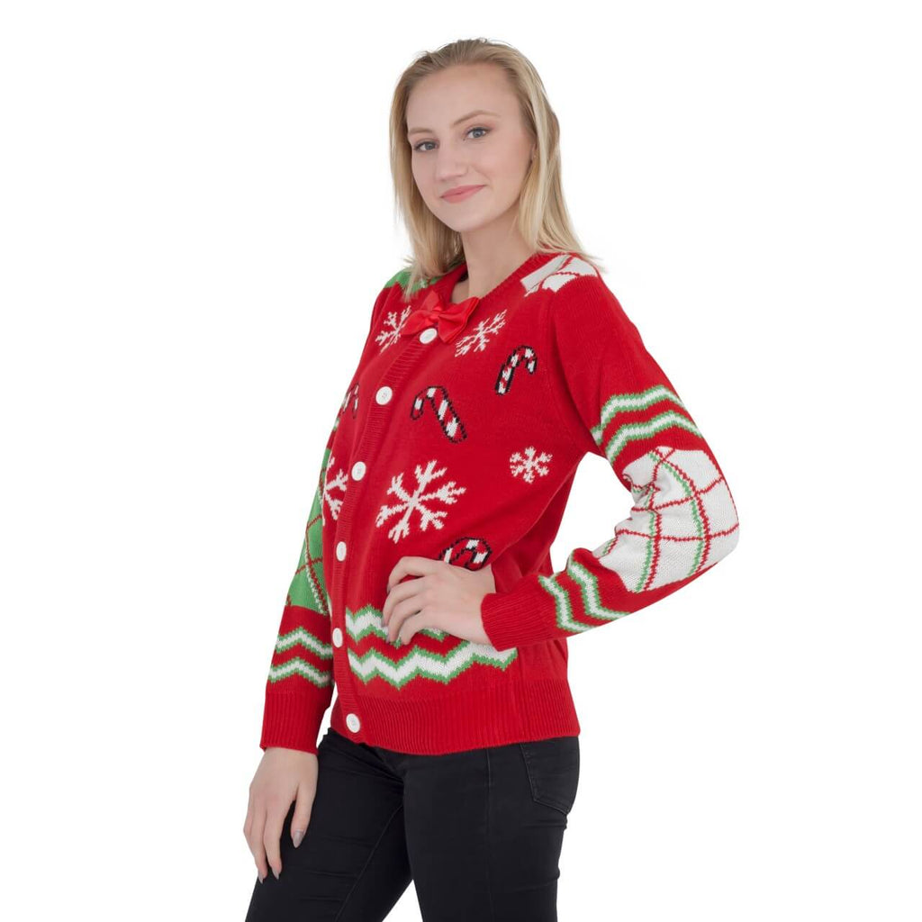 Women's Candy Canes and Snowflakes Button Up with Bowtie Ugly Christmas Sweater - Holiday Gift product image 3
