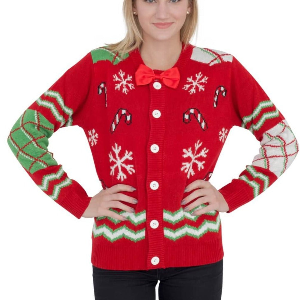 Women's Candy Canes and Snowflakes Button Up with Bowtie Ugly Christmas Sweater - Holiday Gift product image