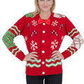 Women's Candy Canes and Snowflakes Button Up with Bowtie Ugly Christmas Sweater - Holiday Gift product image