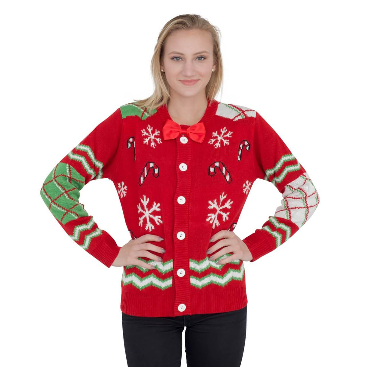 Women's Candy Canes and Snowflakes Button Up with Bowtie Ugly Christmas Sweater - Holiday Gift product image 4