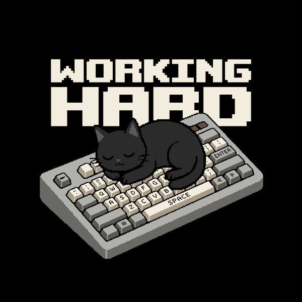 Working Hard Funny Black Cat On K - Adult & Kids T-Shirts, Sweatshirts & Hoodies apparel design preview 1