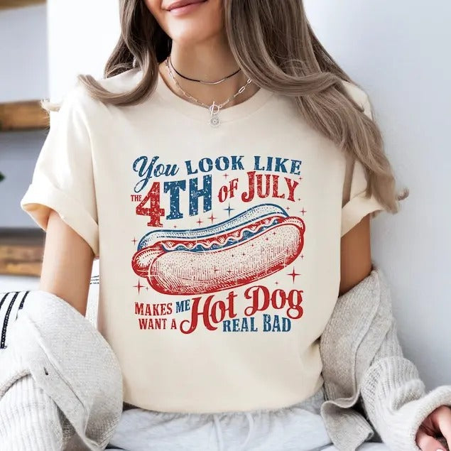 "You L1ke 4th July Funny Hot Dog Lover Makes Me Want - Adult & Kids T-Shirts, Sweatshirts & Hoodies apparel design preview 1