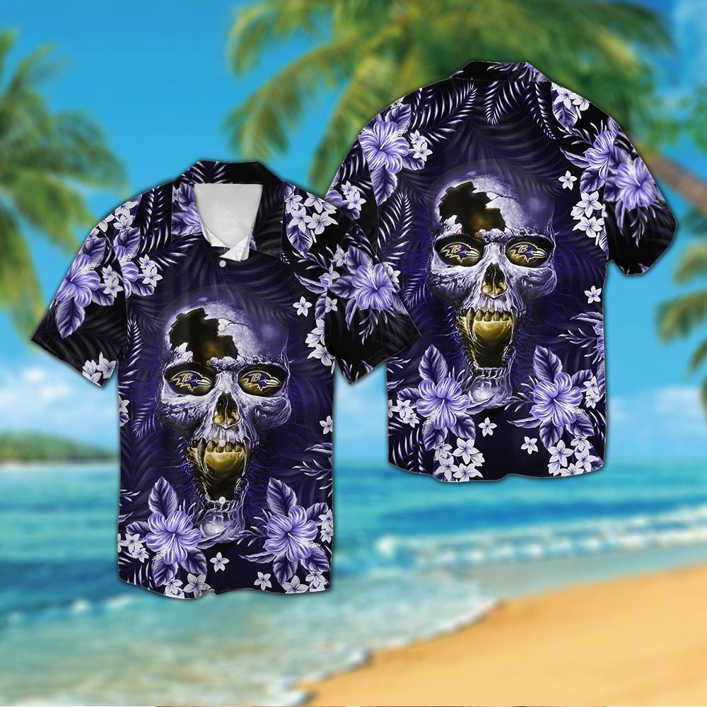 Baltimore Ravensskull Short Sleeve Button Up Tropical - Adult & Kids T-Shirts, Sweatshirts & Hoodies apparel design preview 1