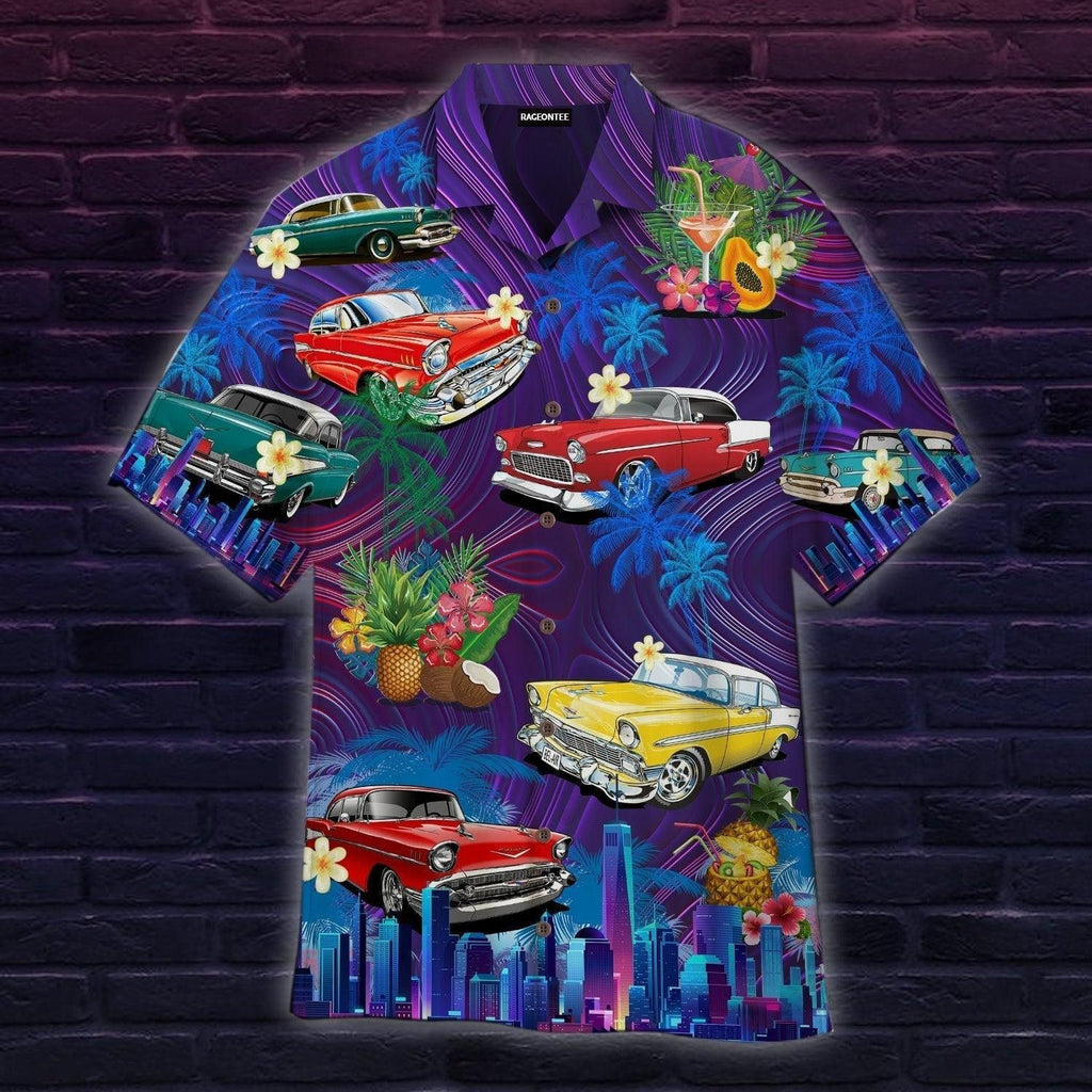 Beach Sunset with Classic Cars Aloha Hawaiian - Adult & Kids T-Shirts, Sweatshirts & Hoodies apparel design preview 1