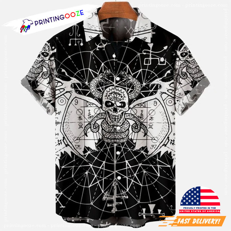 Black And White Halloween Devil Printed Hawaiian - Adult & Kids T-Shirts, Sweatshirts & Hoodies apparel design preview 1