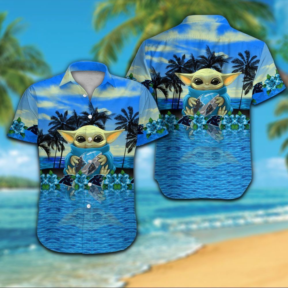 Carolina Panthers Short Sleeve Button Up Tropical - Adult & Kids T-Shirts, Sweatshirts & Hoodies apparel design preview 1