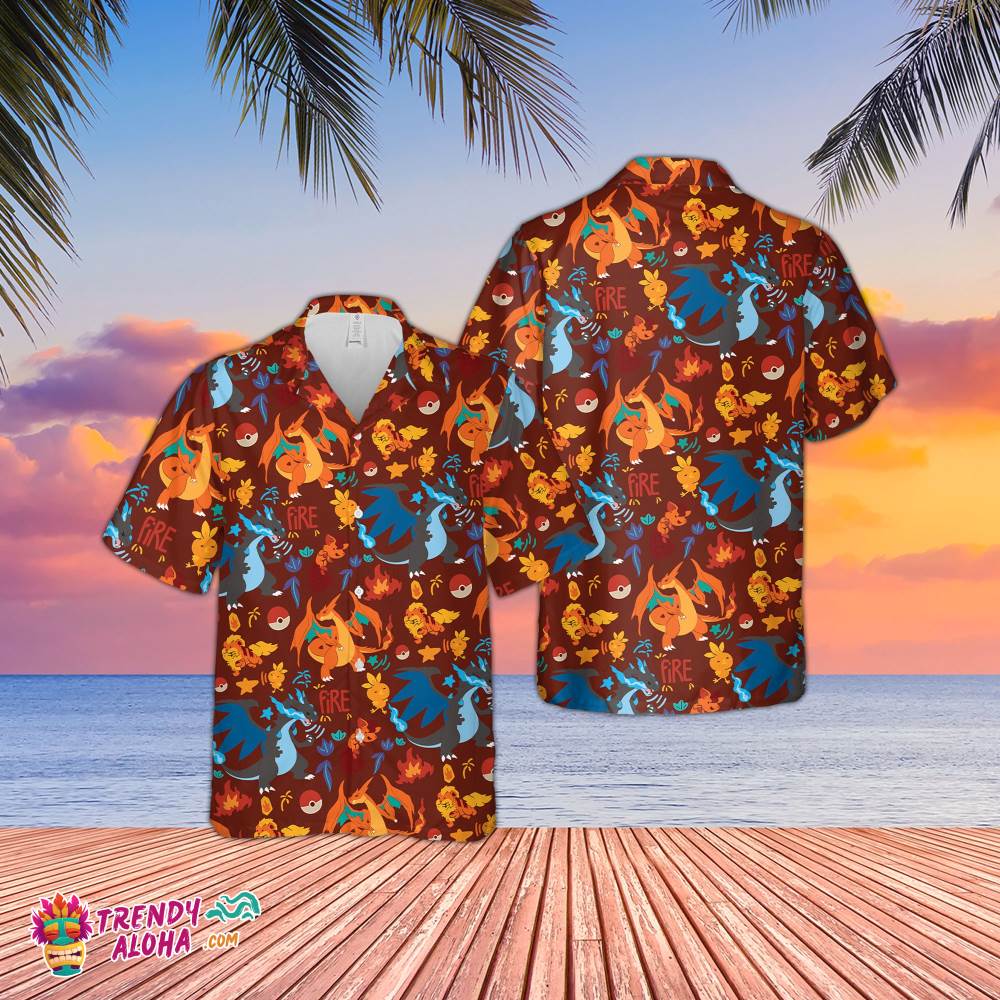 Charizard Fire Hawaiian 3D Button Up Movies Comics - Adult & Kids T-Shirts, Sweatshirts & Hoodies apparel design preview 1