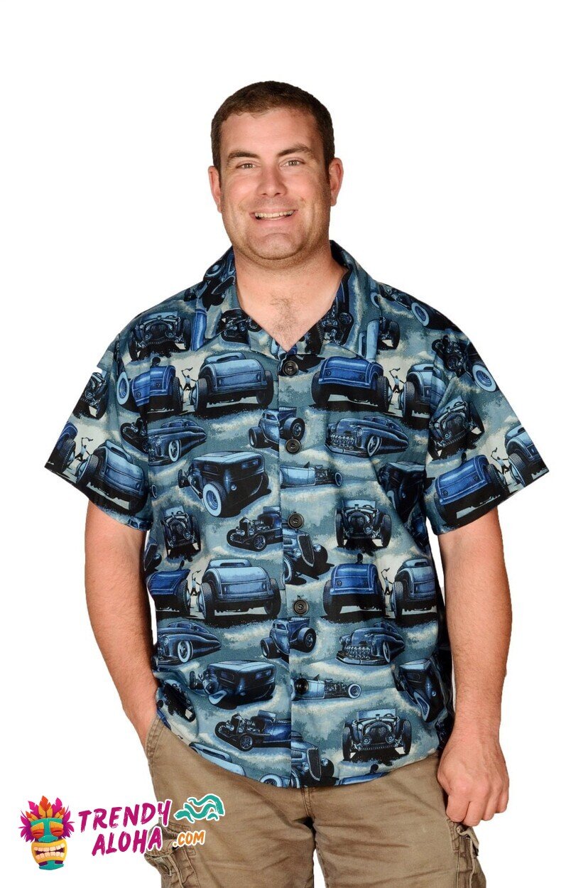 Classic Blue Hot Rods Retro Car Pattern Hawaiian for - Adult & Kids T-Shirts, Sweatshirts & Hoodies apparel design preview 1