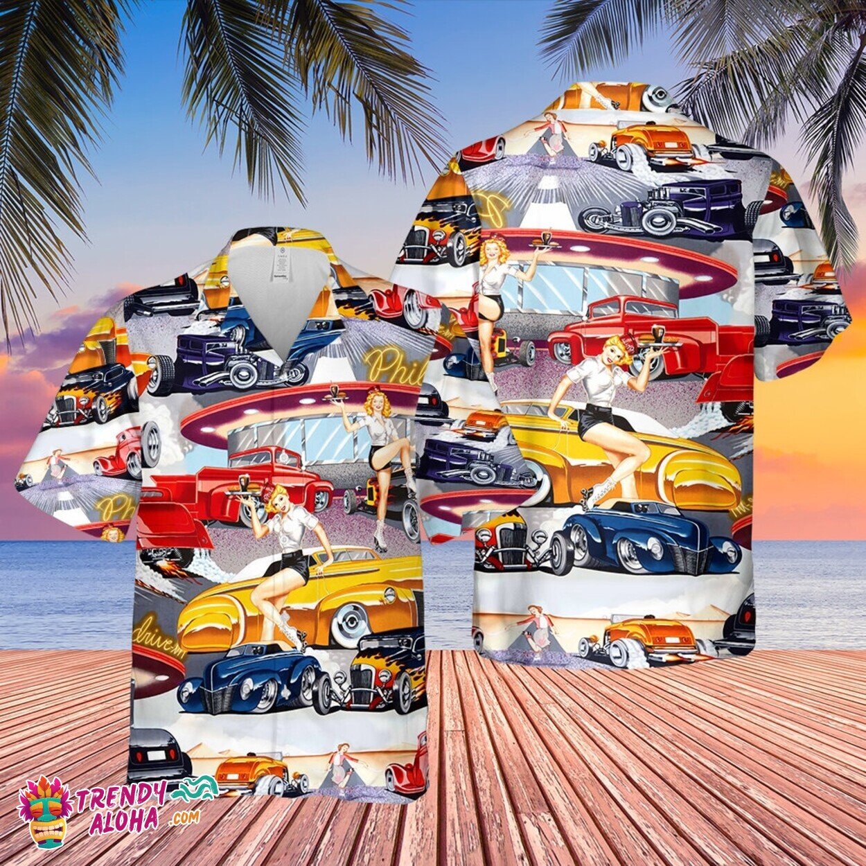 Classic Car Diner Theme Hawaiian for Muscle Fans - Adult & Kids T-Shirts, Sweatshirts & Hoodies apparel design preview 1
