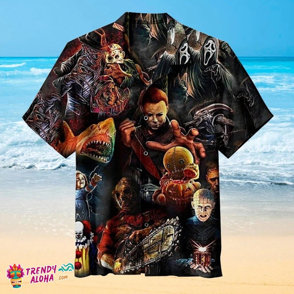 Classic Horror Characters Fright Night Hawaiian Beach - Adult & Kids T-Shirts, Sweatshirts & Hoodies apparel design preview 1