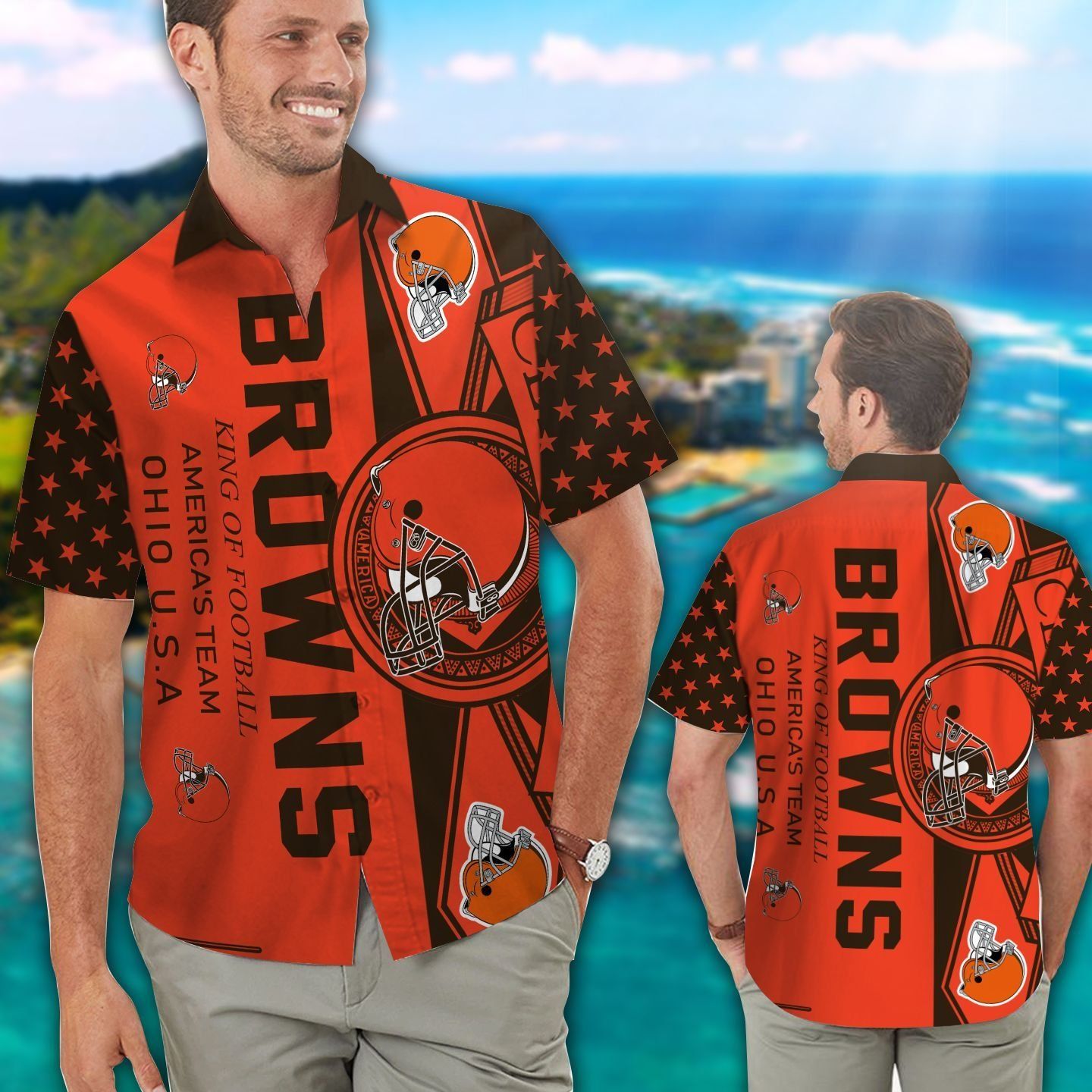 Cleveland Browns Short Sleeve Button Up Tropical - Adult & Kids T-Shirts, Sweatshirts & Hoodies apparel design preview 1
