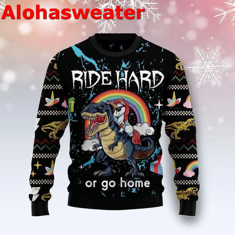 Dinosaur Unicorn ride hard or go home Christmas Sweater - Holiday Gift product image