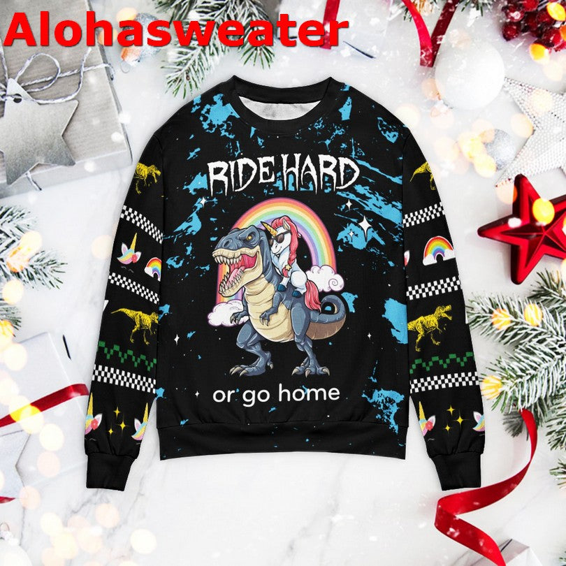 Dinosaur Unicorn ride hard or go home Christmas Sweater - Holiday Gift product image 4