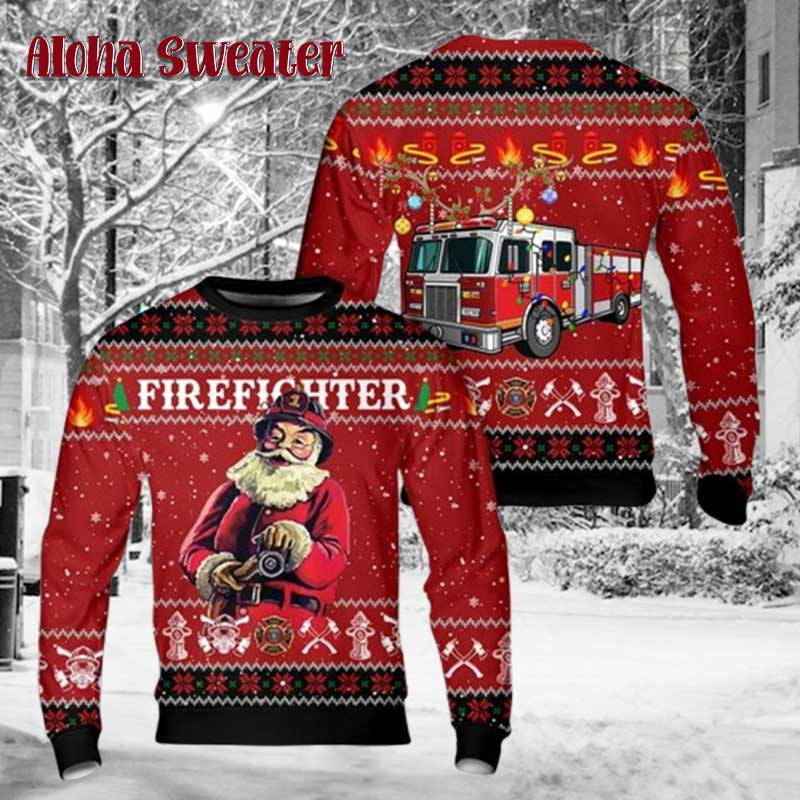 Firefighter Trucker Tree Fire Dept Ugly Christmas Sweater - Holiday Gift product image 3