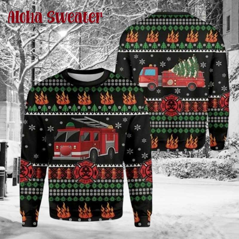 Firefighter Trucker Tree Fire Dept Ugly Christmas Sweater - Holiday Gift product image