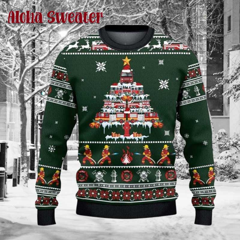 Firefighter Trucker Tree Fire Dept Ugly Christmas Sweater - Holiday Gift product image 2