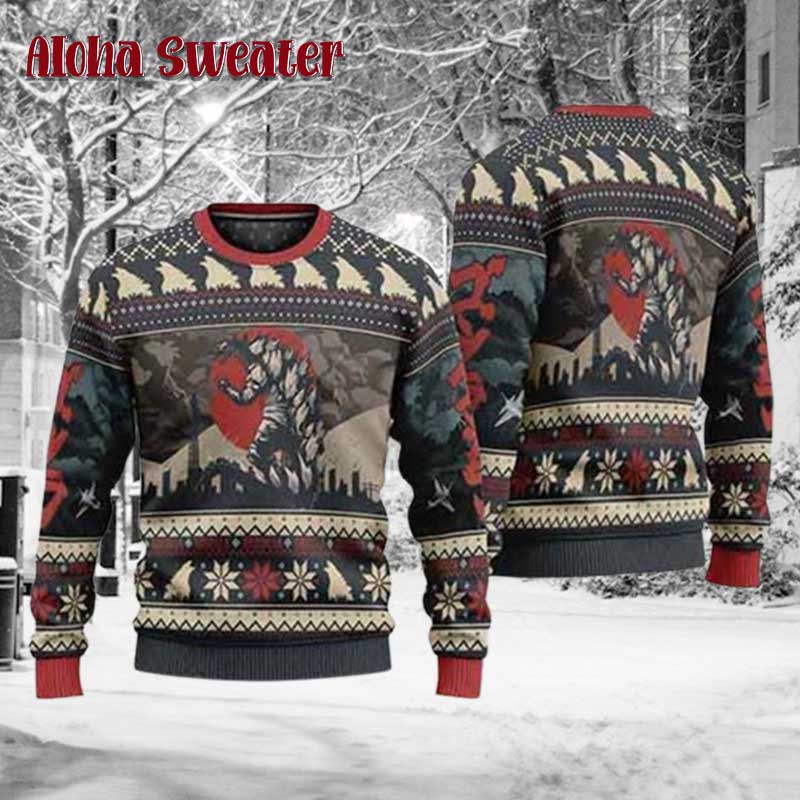 Godzilla Skull Santa Clause Ugly Christmas Sweater - Holiday Gift product image 2