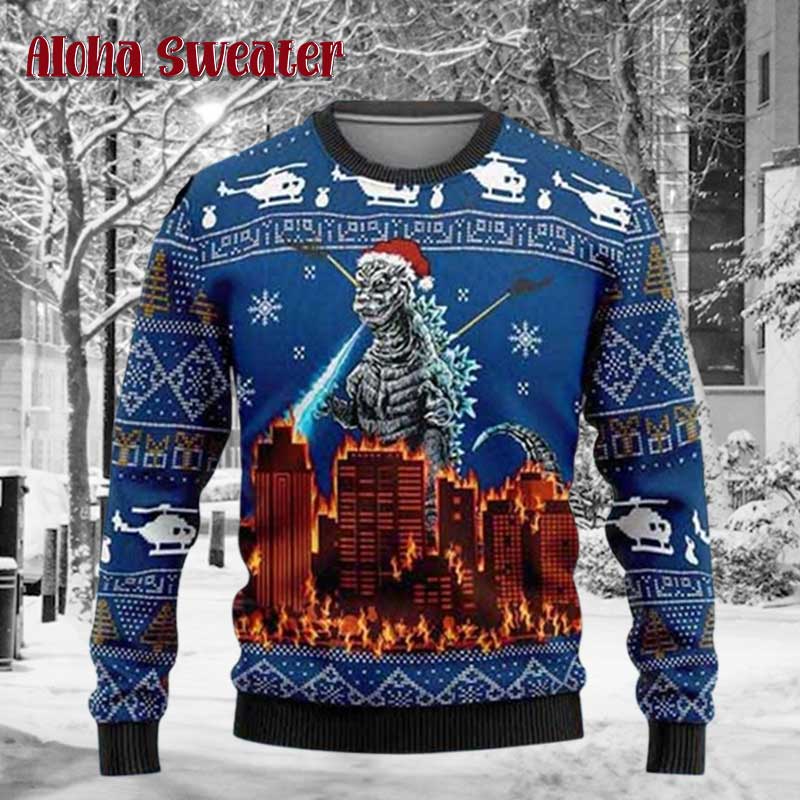 Godzilla Skull Santa Clause Ugly Christmas Sweater - Holiday Gift product image