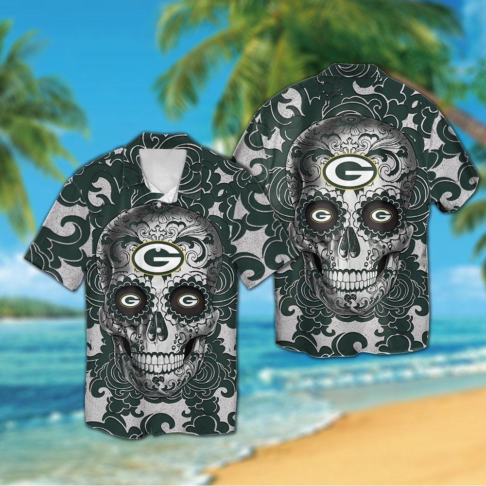 Green Bay Packers Sugarskull Short Sleeve Button Up - Adult & Kids T-Shirts, Sweatshirts & Hoodies apparel design preview 1