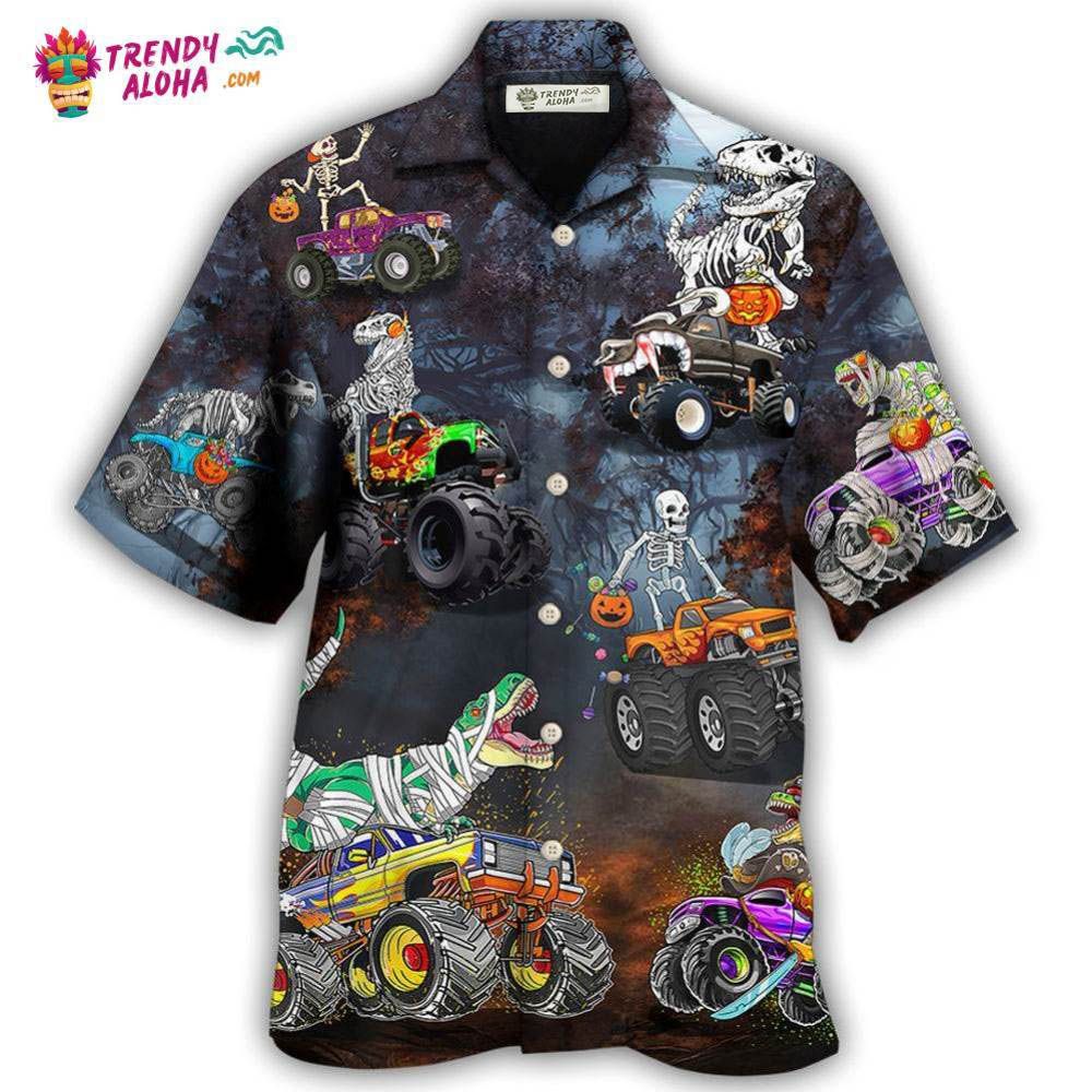 Halloween Skeleton Dinosaur Driving Monster Truck - Adult & Kids T-Shirts, Sweatshirts & Hoodies apparel design preview 1
