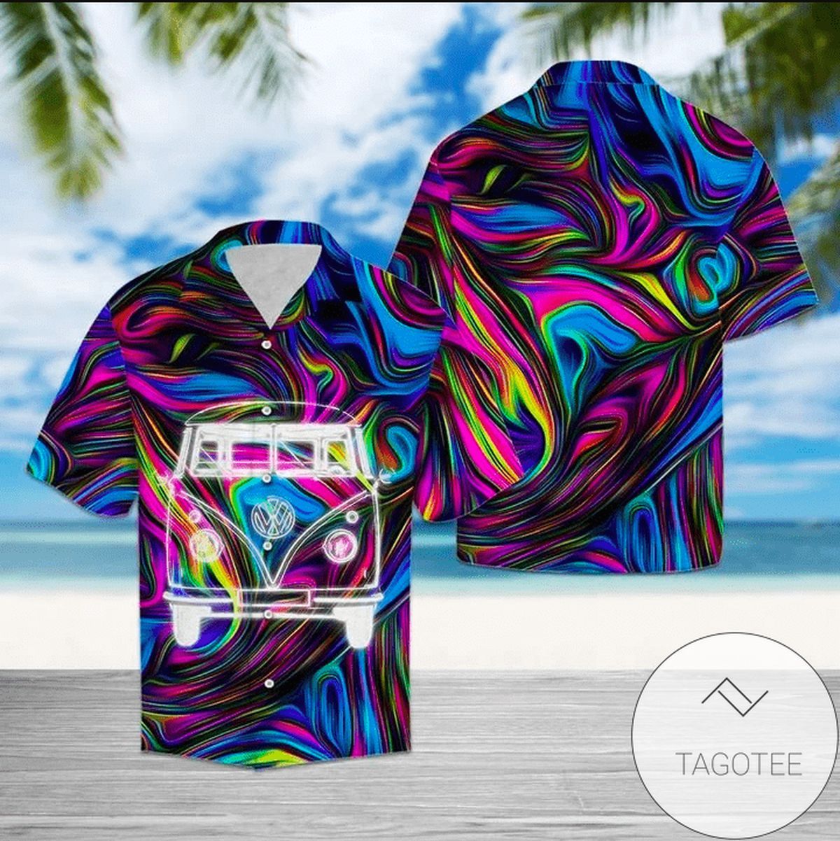 Hippie Car Tie Dye Splendor on an Artistic Hawaiian - Adult & Kids T-Shirts, Sweatshirts & Hoodies apparel design preview 1