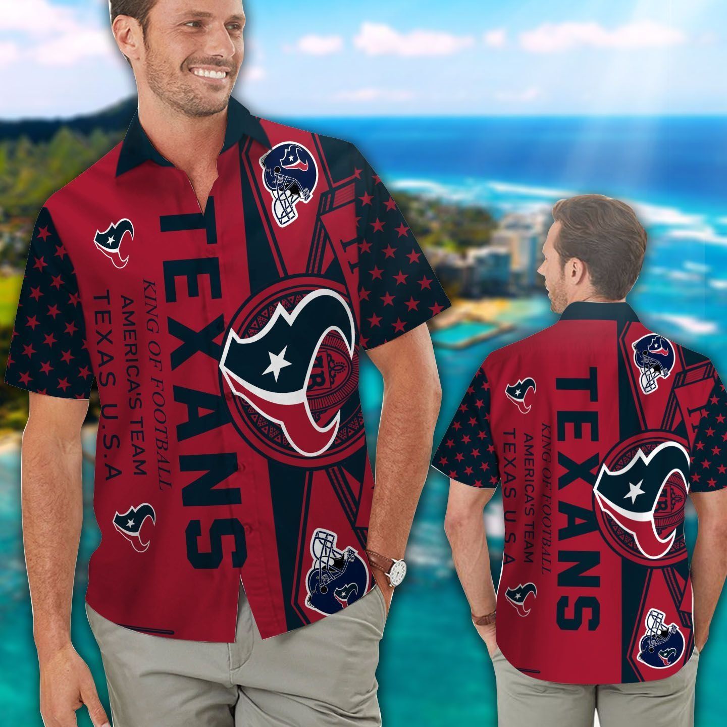 Houston Texans Short Sleeve Button Up Tropical - Adult & Kids T-Shirts, Sweatshirts & Hoodies apparel design preview 1