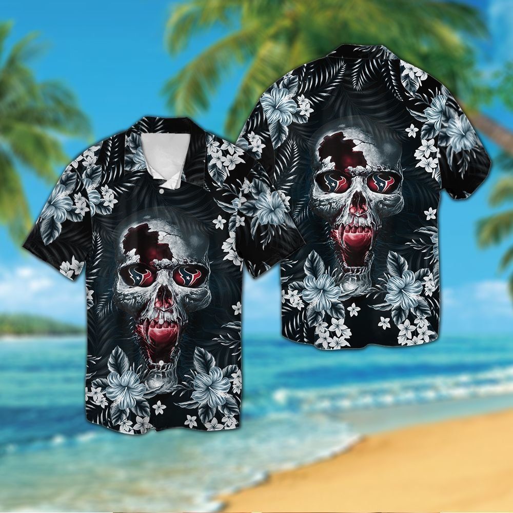 Houston Texansskull Short Sleeve Button Up Tropical - Adult & Kids T-Shirts, Sweatshirts & Hoodies apparel design preview 1