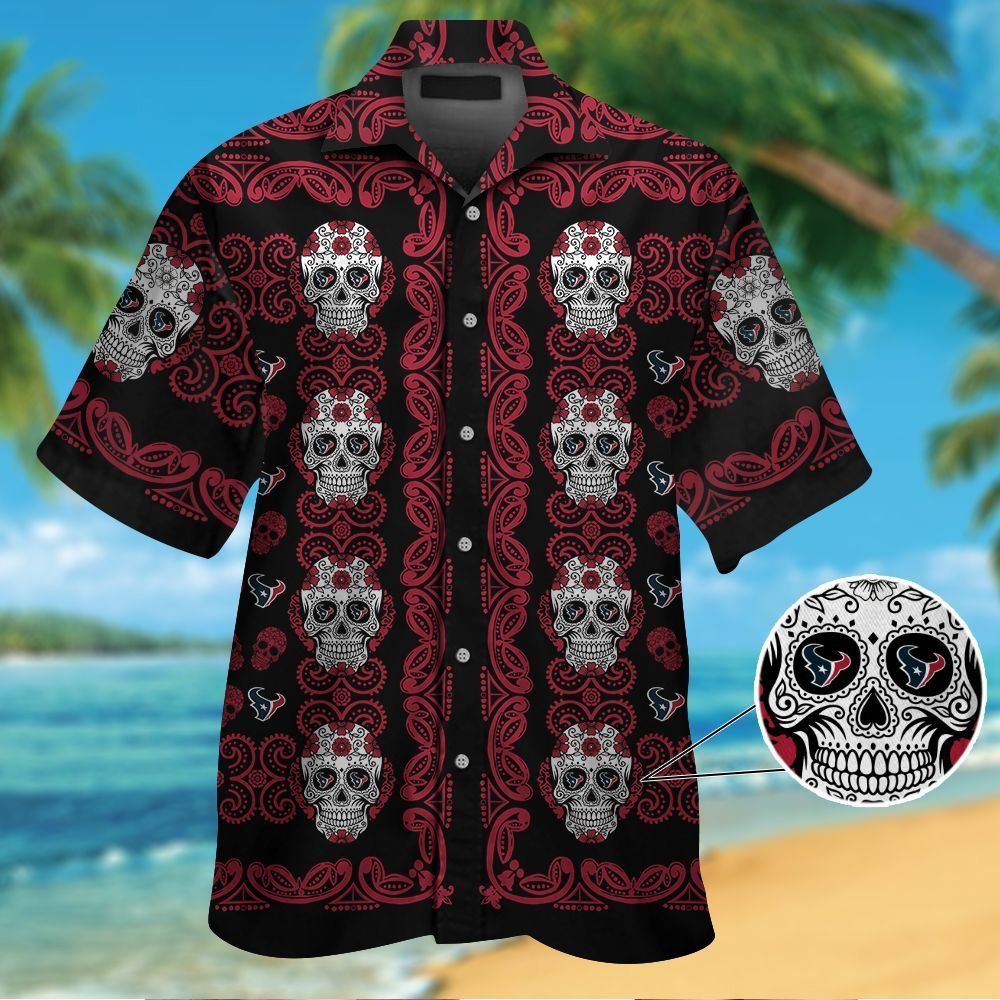 Houston Texansskull Short Sleeve Button Up Tropical - Adult & Kids T-Shirts, Sweatshirts & Hoodies apparel design preview 1
