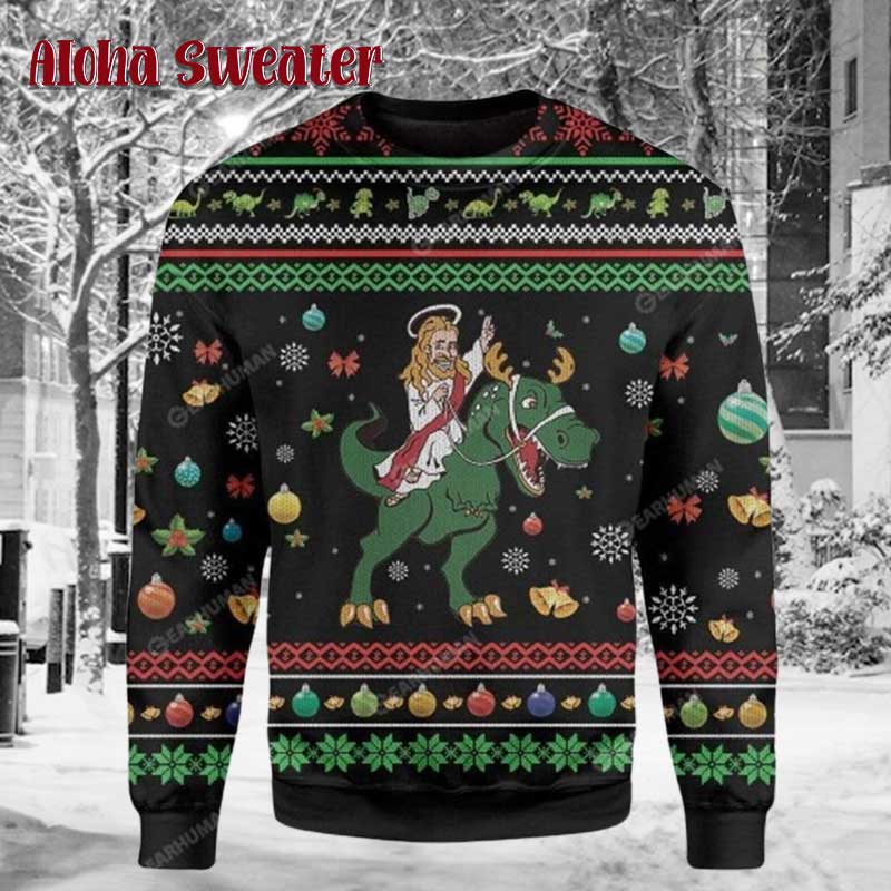 Jesus Riding Dinosaur Ugly Christmas Sweater - Holiday Gift product image
