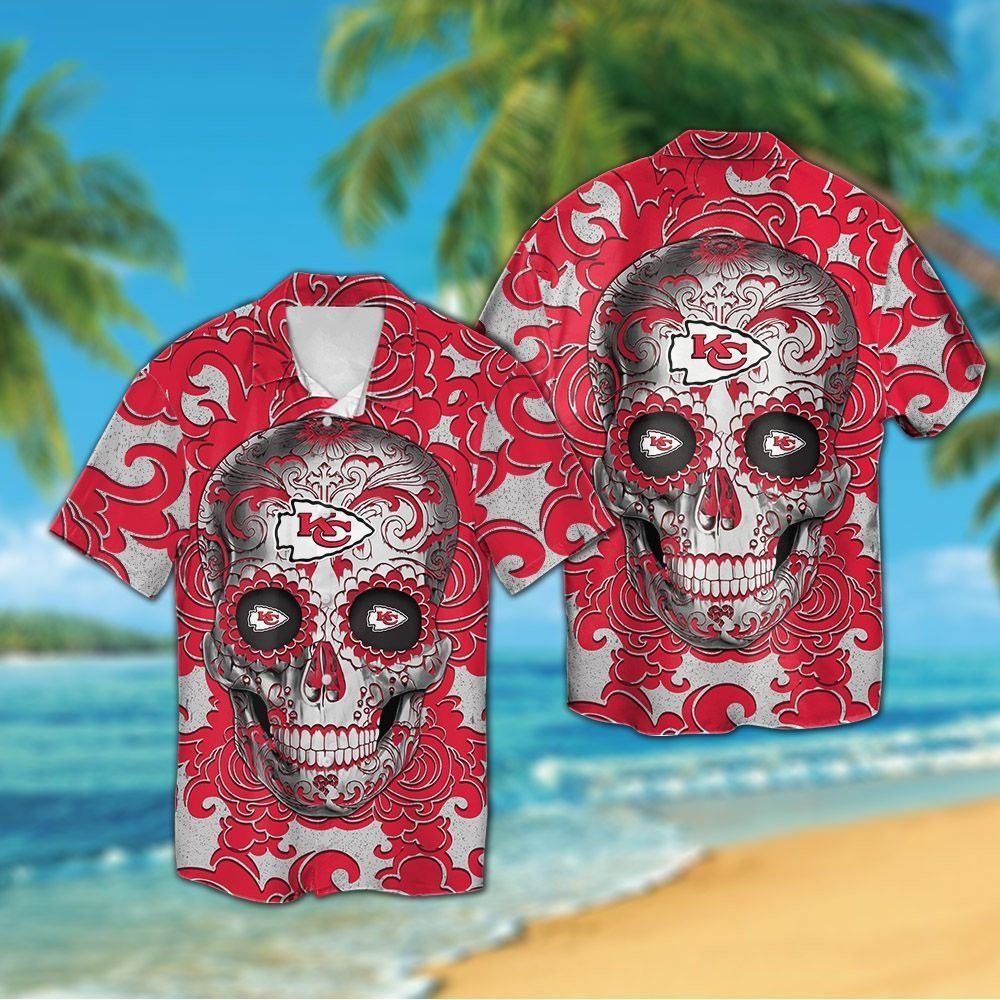 Kansas City Chiefs Sugarskull Short Sleeve Button Up - Adult & Kids T-Shirts, Sweatshirts & Hoodies apparel design preview 1